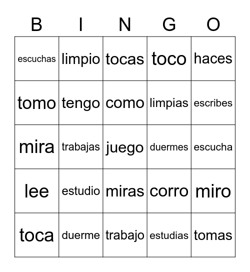 Yo, tú, ella 20 verbs (MINUS go, sing, call) Bingo Card