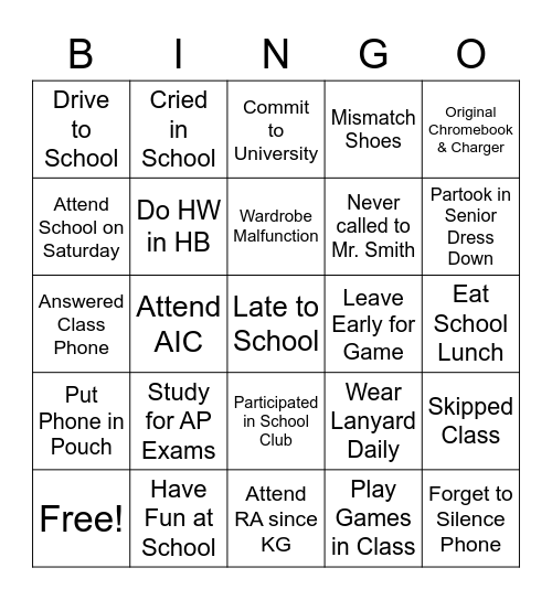 Senior Year 2022 Bingo Card