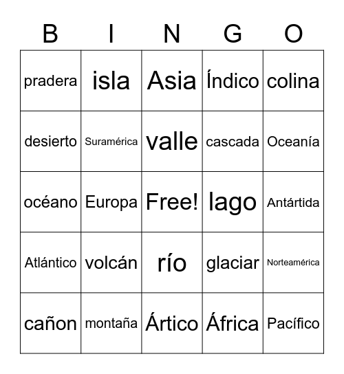 Continents & Landforms Bingo Card