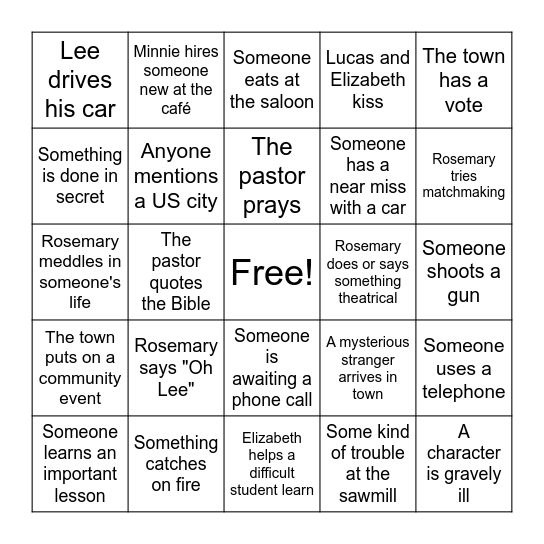 When Calls the Heart Bingo Card