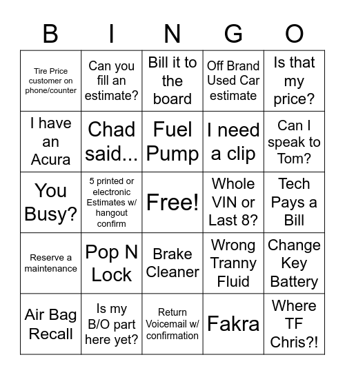 In - Return Voicemail w/ confirmation / Out - I just need valve stems Bingo Card