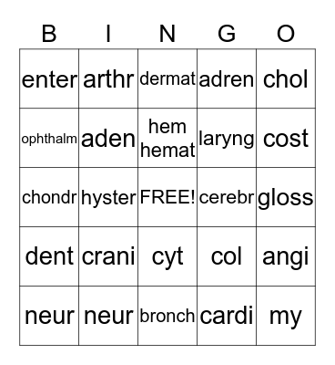 MEDICAL TERMINOLOGY Bingo Card