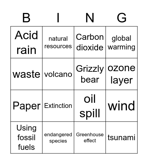 Environment Bingo Card