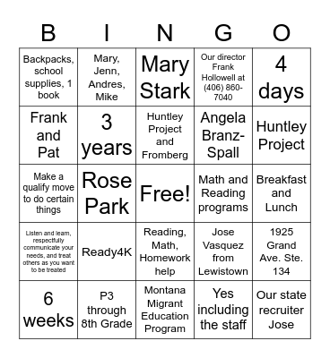 MEP Family Night Bingo Card