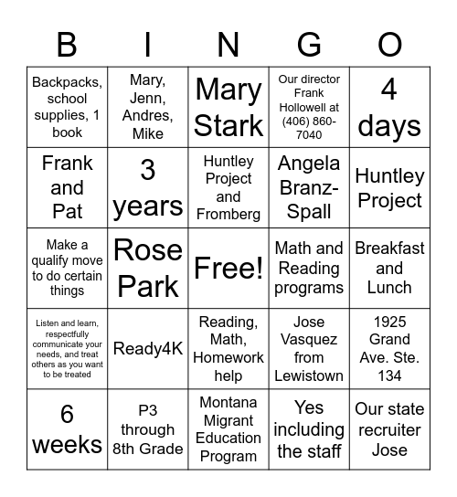 MEP Family Night Bingo Card