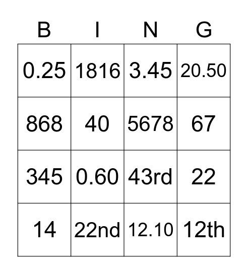 numbers Bingo Card