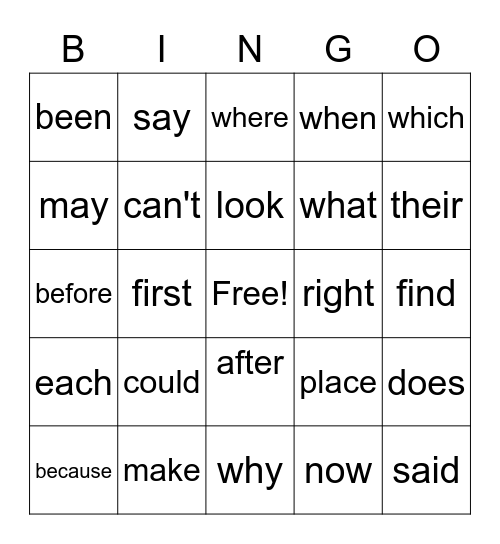 Sight Words Bingo Card