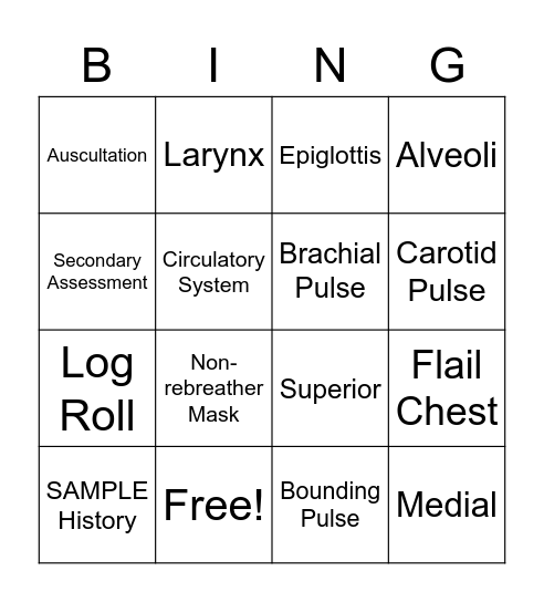 EMR Vocab Final Bingo Card