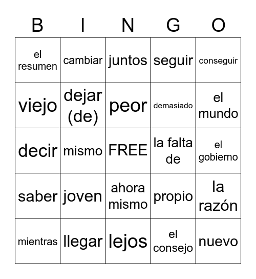 Unit 19 Definitions Bingo Card