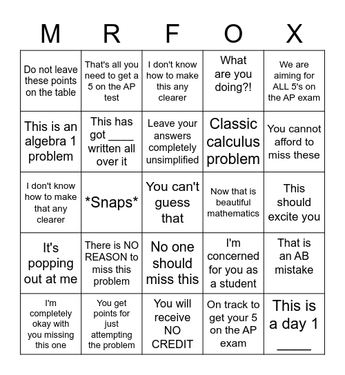Mr. Fox Bingo Card