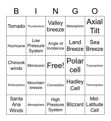 Atmosphere and Weather Bingo Card