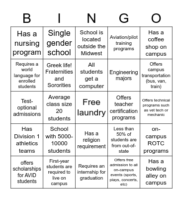 College Fair Bingo Card