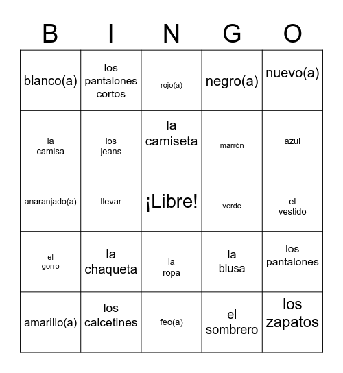 La Ropa y Los Colores Bingo Card