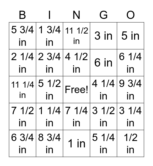 Ruler Measurement Bingo Card