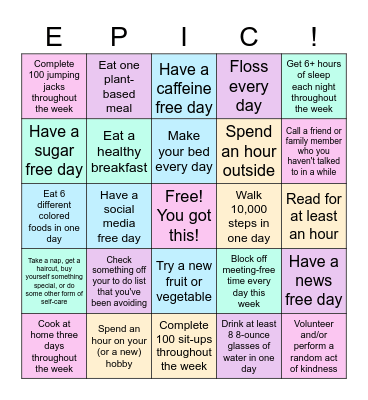 EPIC Healthy Bingo Card