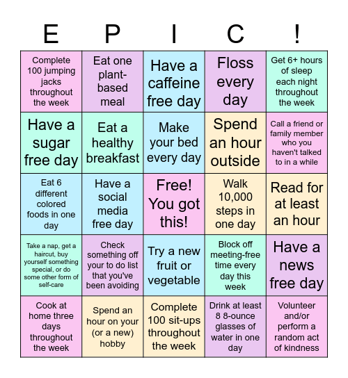 EPIC Healthy Bingo Card