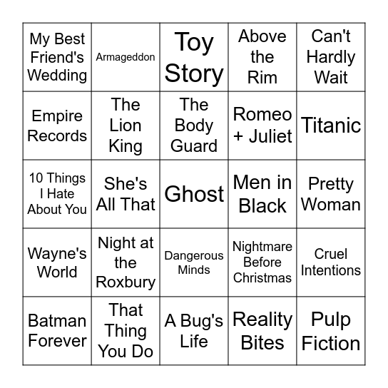 90s Movie Soundtracks Bingo Card