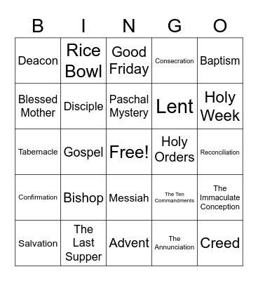 6th Grade Religious Education Review Bingo Card