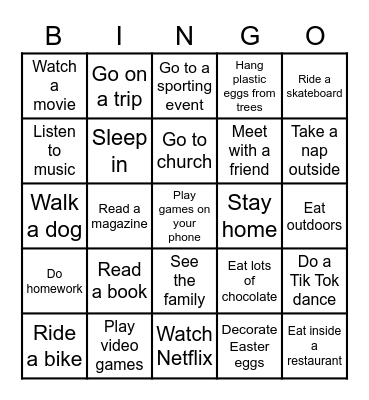 Spring Break Bingo Card