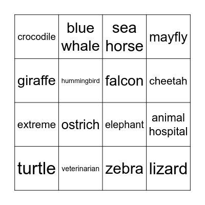 Extreme Animals Bingo Card