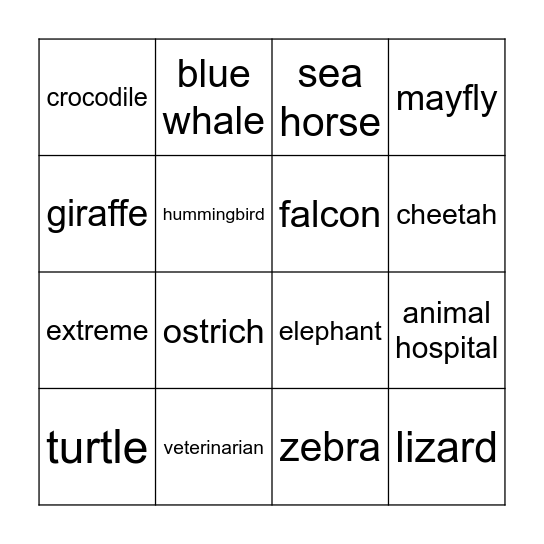 Extreme Animals Bingo Card