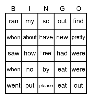 Sight Words Bingo Card