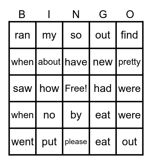 Sight Words Bingo Card