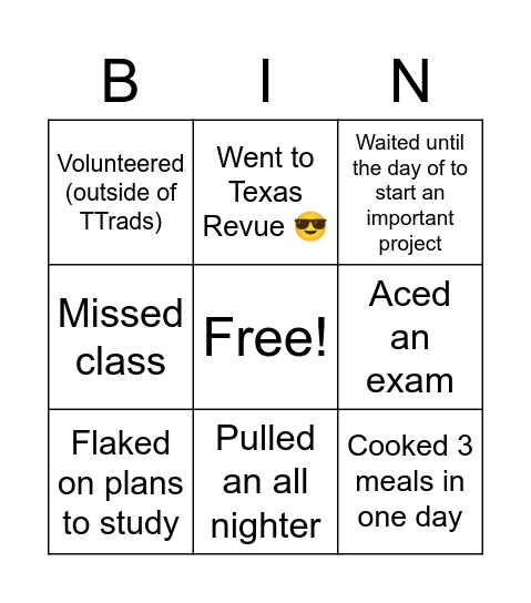 End of Semester Bingo Card