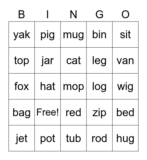 3-Letter Words Bingo Card