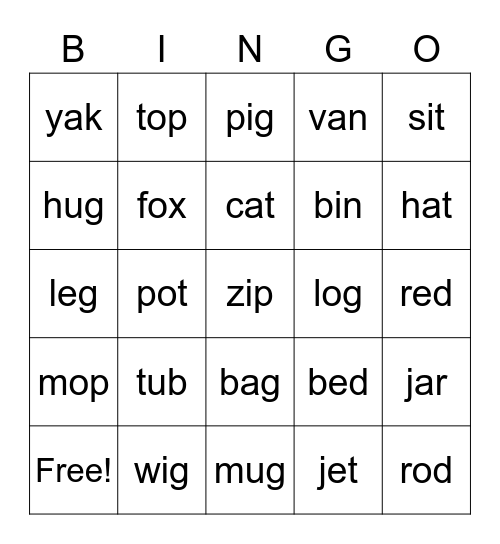 3-Letter Words Bingo Card