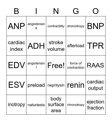 Cardiac + Renal Physiology Bingo Card