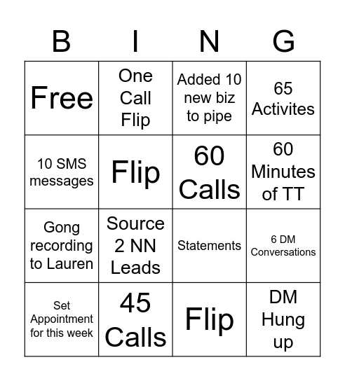 Monday SPIFF Bingo Card