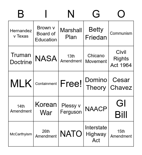 Cold War/ Civil Rights Review Bingo Card