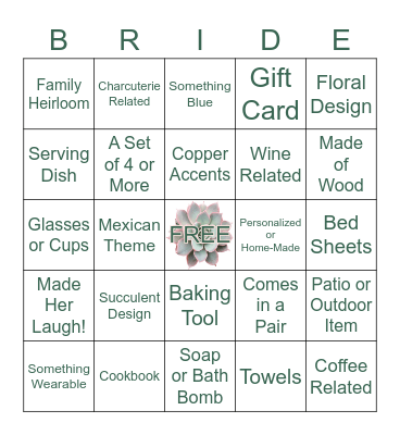 Hannah's Bridal Shower Bingo Card