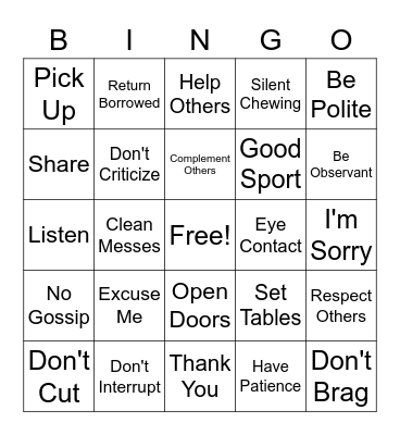 Manners Bingo Card