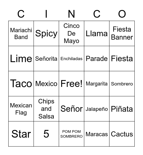 Cinco De Mayo Bingo Card