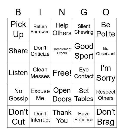 Manners Bingo Card