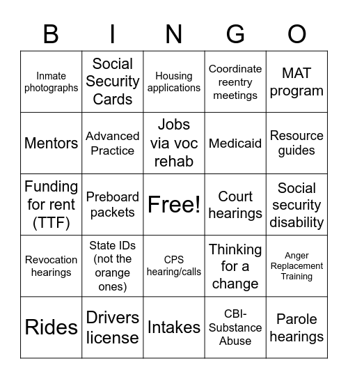 Case Management Jobs and Extras Bingo Card