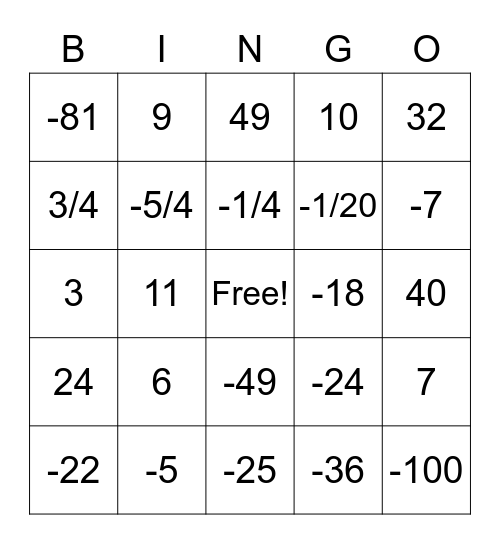 Multiply and Divide Integers Bingo Card