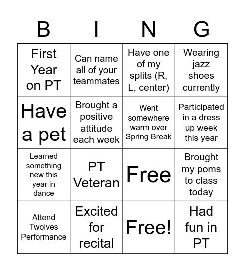 PT Bingo Card