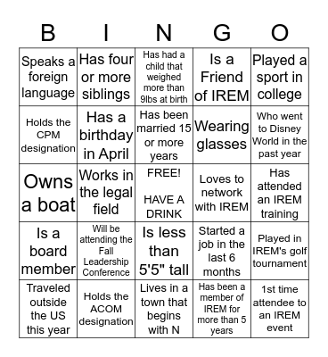 IREM CRAWL FOR A CAUSE BINGO Card