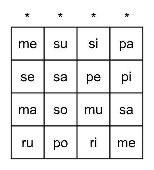 Sílabas m,p,s,l,r Bingo Card
