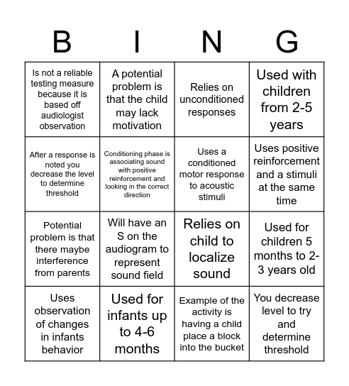 Pediatric Audiology Bingo Card