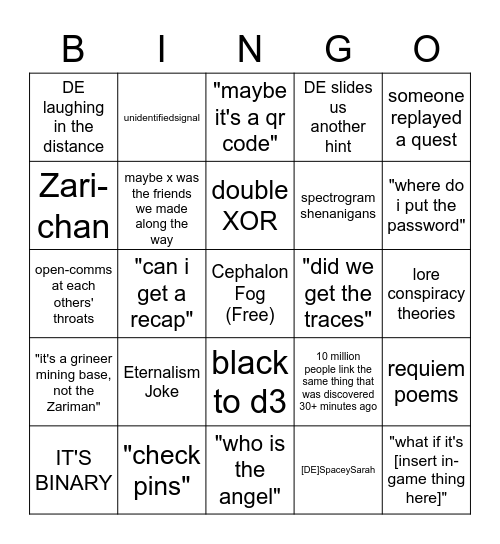 Zariman ARG bingo Card