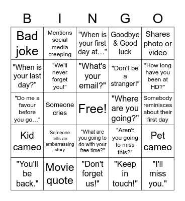 Virtual Farewell Bingo Card