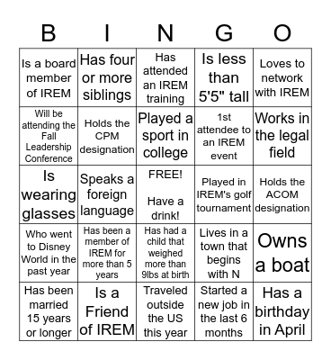 IREM CRAWL FOR A CAUSE BINGO Card