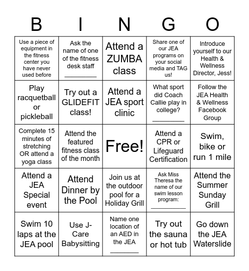 Health & Wellness Summer Programs Bingo Card