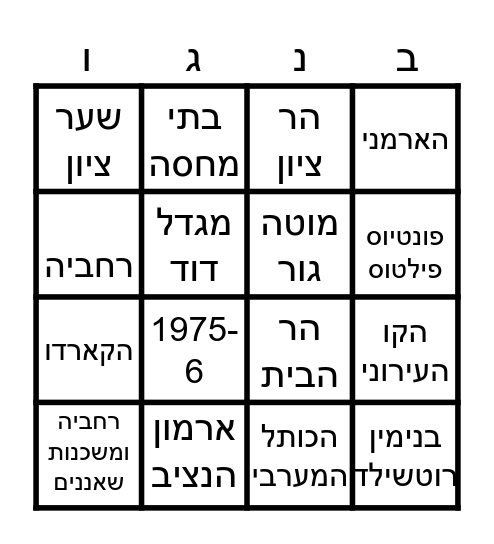 טיול לירושלים Bingo Card