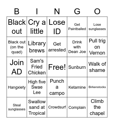 Spring Weekend 2022 Bingo Card