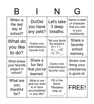 Back-to-School BINGO Card